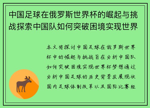 中国足球在俄罗斯世界杯的崛起与挑战探索中国队如何突破困境实现世界杯梦 中国足球在俄罗斯世界杯的崛起与挑战探索中国队如何突破困境实现世界杯梦